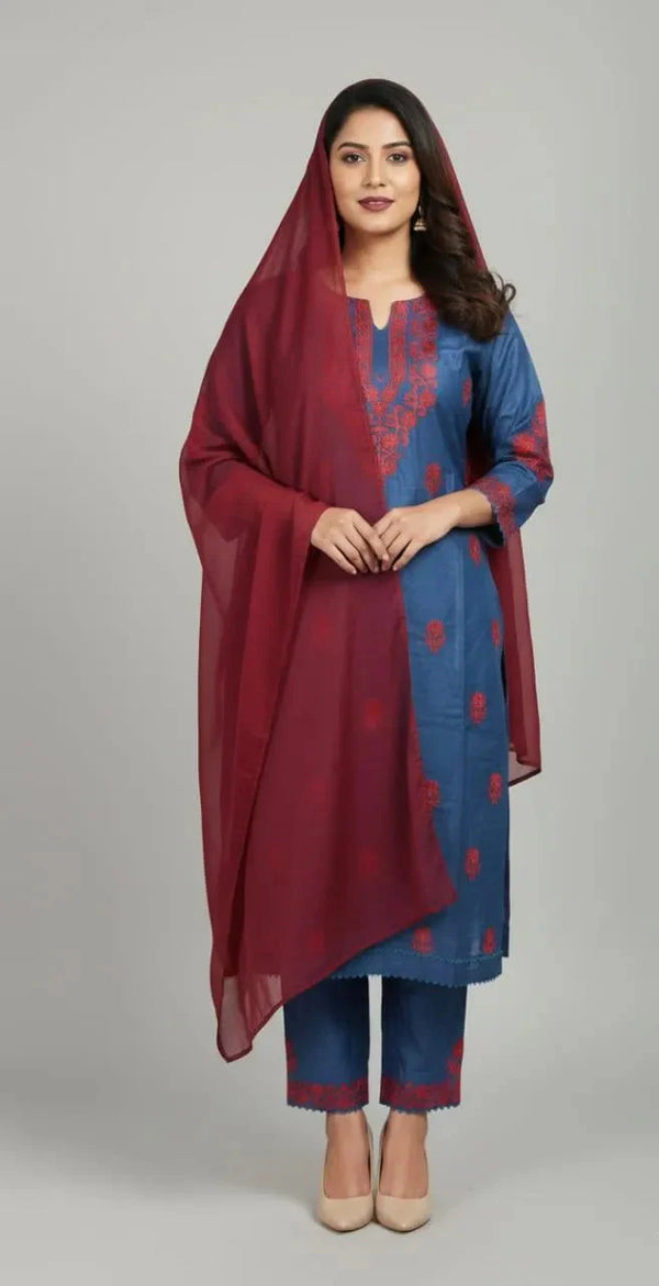 Exquisite Women's Stitched Suit - Embroidered Linen Ensemble with 3 Pcs in Blue