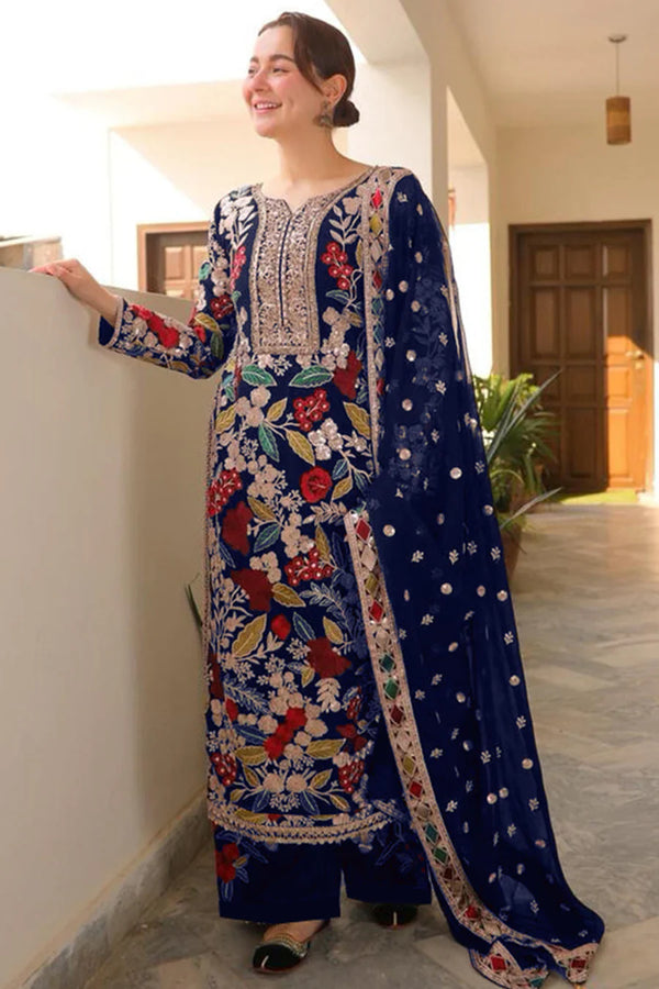 Premium Velvet Handworked Pakistani Salwar Kameez in Blue with Heavy Embroidered Net Dupatta
